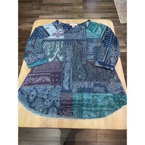 Christopher & Banks Purple Teal Beaded Colorful 3/4 Sleeve Top Sheer Edge